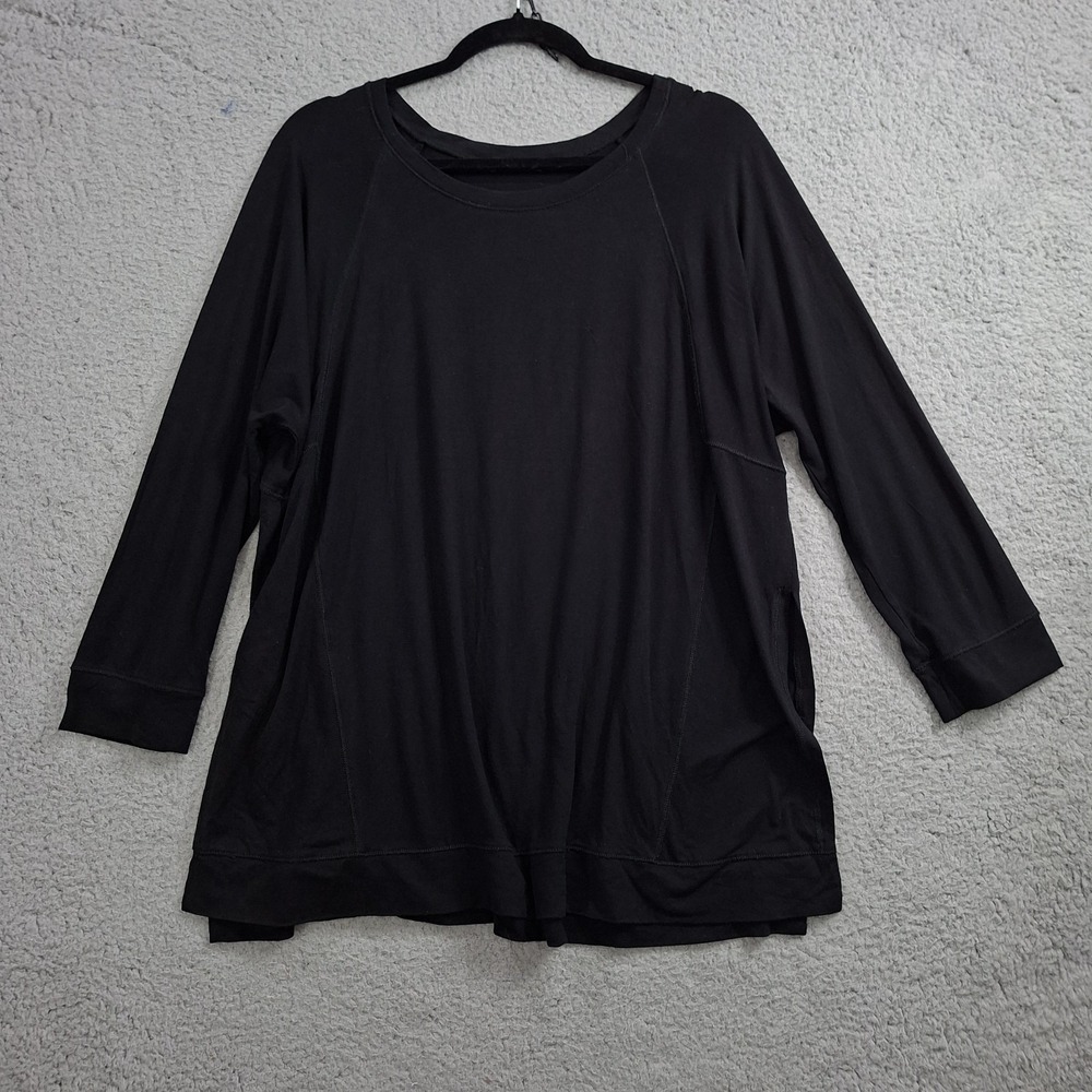 Eileen Fisher Tunic Top Womens Large Black Jersey Raglan Split Hem Round Neck
